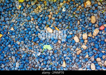 Makro-Nahaufnahme von vielen ganzen blauen Tonkieseln, leca Flatlay. Blähton-Kieselsteine Stockfoto