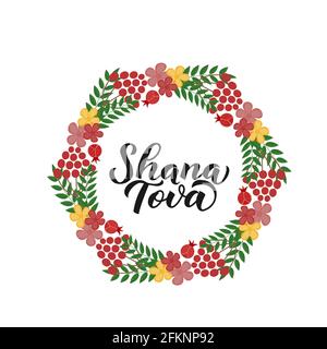 Shana Tova Kalligraphie Handschriftzug in Kranz aus Blättern, Blumen und Granatäpfeln . Rosh Hashana - Jüdisches Neujahr. Vektorvorlage für Banner, Post Stock Vektor