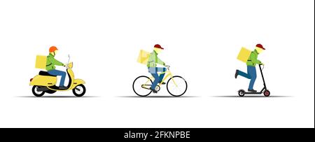 Das Konzept der Expresslieferung von Lebensmitteln oder Produkten. Der Kurier fährt ein Fahrrad, Fahrrad, Roller. Flache Vektorgrafik Stock Vektor