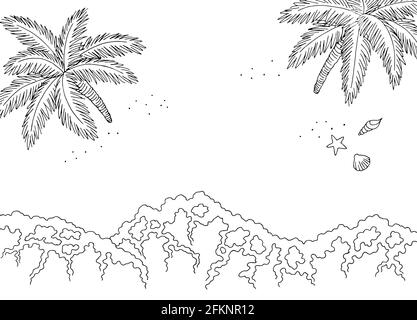 Blick auf die Küste von oben Luftbild Strand schwarz Weiße Skizzendarstellung im Landschaftsbild Stock Vektor