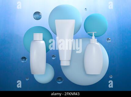 Flaschen mit kosmetischen Mokapflappen unter Wasser mit Tropfen leeren. Blaue Vorlage für eine Präsentation der Kosmetikmarke. 3D-Rendering Stockfoto