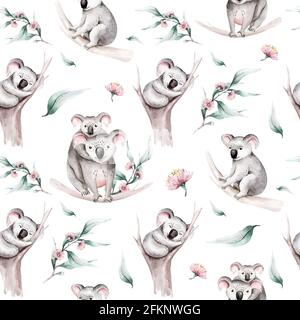 Aquarell nahtlose Muster Cartoon Baby Koala tropischen Tier Illustration. Exotischer Sommerdruck im Dschungel. Isoliertes Design des australischen Zoos Stockfoto