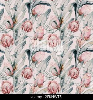 Protea nahtlose Muster Blume. Aquarell tropische Blätter, handbemalte Illustration von exotischen floralen Elementen Hintergrund, kann für Gruß c verwendet werden Stockfoto