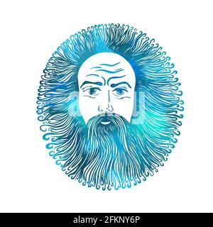 Blaues landschaftliches Seeporträt eines Mannes. Grafisches Gesicht eines bärtigen und langhaarigen Mannes. Vektorgrafik Stock Vektor