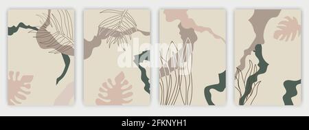 Set of Art Abstract farbige Social Media Cover, Blumen, Herbstblätter und Pflanzen Poster in Pastellfarben. Stock Vektor