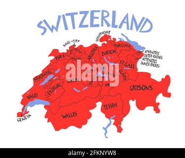 Vektor handgezeichnete stilisierte Karte der Schweiz. Reisedarstellung der Regionen der Schweizerischen Eidgenossenschaft. Handgezeichnete Schriftzüge. Europakarte e Stock Vektor