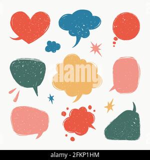 Sprechblasen eingestellt. Verschiedene Talk Ballon Formen im Vintage-Stil mit Grunge-Textur. Handgezeichnete Infografik-Vektorsammlung. Stock Vektor
