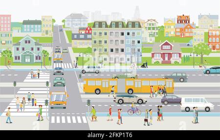 Stadt Silhouette Familien und Menschen auf dem Bürgersteig mit Straße Verkehrsdarstellung Stock Vektor