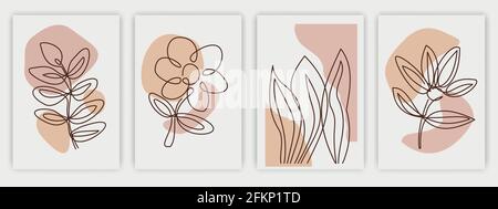 Set of Art Abstract farbige Social Media Cover, botanische Blumen, Blätter und Pflanzen. Stock Vektor
