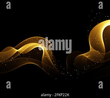 Goldenes abstraktes transparentes Licht auf schwarzem Hintergrund, Gold glitzert und helle Linien in goldener Farbe. Abstrakter Hintergrund Stock Vektor