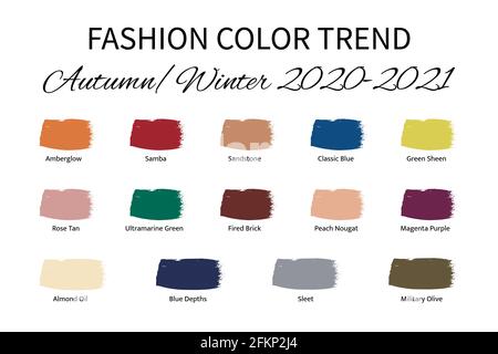 Fashion Color Trend Herbst Winter 2020 - 2021. Trendige Farbpalette. Pinselstriche der Farbe mit Namensfeldern. Einfache Bearbeitung der Vektortemperatur Stock Vektor