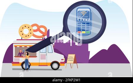 Eine Abbildung, die eine Transaktion darstellt, die ein Lebensmittelpaket von einem Lebensmitteltransporter abwickel. Stock Vektor