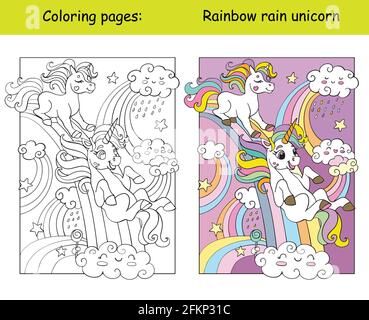 Niedliche lustige Einhörner reiten den Regenbogen hinunter. Malbuch-Seite für Kinder mit farbenfroher Vorlage. Vektorgrafik Cartoon isolierte Illustration. Zum Färben Stock Vektor