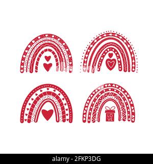 Rainbows-Set zum Valentinstag. Handgezeichnete niedliche Boho Cliparts. Vektorvorlage für Valentinstag Banner, Poster, Flyer, Grußkarte, T-Shirt, Usw. Stock Vektor