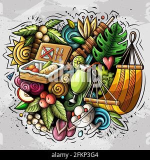 Sommer-Vektor-Kritzeleien-Illustration. Sommer Elemente und Objekte Cartoon Hintergrund. Helle Farben lustige Bild. Alle Elemente sind getrennt Stock Vektor