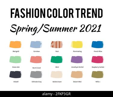 Fashion Color Trend Frühjahr Sommer 2021. Trendige Farbpalette. Pinselstriche der Farbe mit Namensfeldern. Einfache Bearbeitung der Vektorvorlage für Stock Vektor