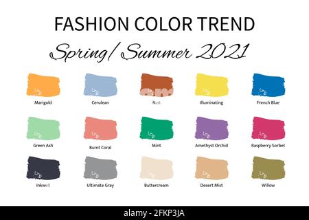 Fashion Color Trend Frühjahr Sommer 2021. Trendige Farbpalette. Pinselstriche der Farbe mit Namensfeldern. Einfache Bearbeitung der Vektorvorlage für Stock Vektor