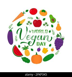 World Vegan Day Kalligraphie Handschriftzug mit Obst und Gemüse. Vektorvorlage für Typografie Poster, Logo Design, Banner, Flyer, Aufkleber, Usw. Stock Vektor