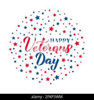 Happy Veterans Day Kalligraphie Handschriftzug mit roten und blauen Sternen. Banner für amerikanische Feiertage. Einfache Bearbeitung von Vektorvorlagen für Typografie-Poster, fl Stock Vektor