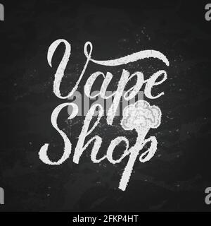 Vape Shop Kalligraphie Handschriftzug auf Kreidetafel Hintergrund. Minimalistisches Logo für den Vaping Store oder Bar. Vektorgrafik. Einfache Bearbeitung der Vorlage für Stock Vektor