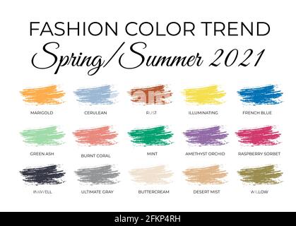 Mode Farbtrends Frühjahr Sommer 2021. Trendige Farbpalette. Pinselstriche der Farbe mit Namensfeldern. Einfache Bearbeitung der Vektorvorlage f Stock Vektor