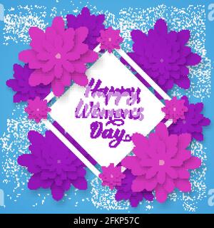 Happy Women s Day Kalligraphie Schriftzug mit Papier geschnitten Blumen. Vektor-Illustration im Origami-Stil. Internationale Blumenbanner für Frauen, Poster, par Stock Vektor