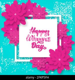 Happy Women s Day Kalligraphie Schriftzug mit Origami-Blumen. Vektordarstellung im Papierformat. Blumenmuster, internationales Frauentagsposter, Banner, par Stock Vektor