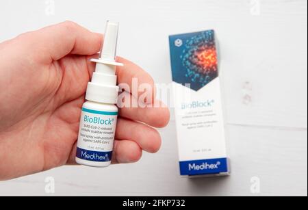 Tallinn, Harjumaa, Estland- 03MAY2021: Neues innovatives Nasenspray gegen COVID-19, genannt BioBlock gegen SARS-CoV-2 von Medihex. Stockfoto