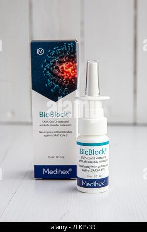 Tallinn, Harjumaa, Estland- 03MAY2021: Neues innovatives Nasenspray gegen COVID-19, genannt BioBlock gegen SARS-CoV-2 von Medihex. Stockfoto