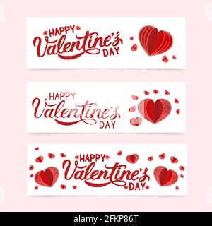 Happy Valentine s Day Banner mit Kalligraphie Hand-Schriftzug und 3d-Origami-Papier geschnitten Herzen gesetzt. Gestaltung der Grußkarten zum Valentinstag. Vektor illustrr Stock Vektor
