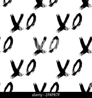 Valentinstag Nahtloses Muster XOXO auf weißem Hintergrund. Grunge Hand geschrieben Doodle XO. Umarmungen und Küsse Abkürzung Pinsel Schriftzug Zeichen. Einfach zu e Stock Vektor