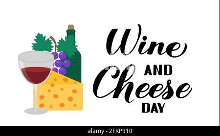 Typografie-Poster zum Wein- und Käsetag. Lustiger amerikanischer Urlaub. Vektorvorlage für Banner, Flyer, Aufkleber, Postkarte, T-Shirt, Usw. Stock Vektor