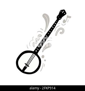 Monochrome Vektordarstellung der traditionellen schwarzen und weißen Banjo-Hand Gezeichnet mit minimalistischem flachem Stil inmitten kreativer abstrakter Ornamente und Noten spielen energische Musik Stock Vektor