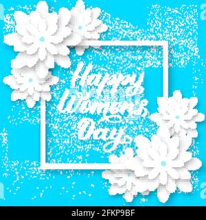 Happy Women s Day Kalligraphie Schriftzug mit Papier geschnitten Blumen. Vektor-Illustration im Origami-Stil. Internationale Einladungen zum Blumentag für Frauen, Stock Vektor