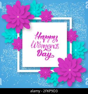 Happy Women s Day Kalligraphie Schriftzug mit Origami-Blumen. Vektordarstellung im Papierformat. Internationale Blumenbanner für Frauen, Poster, par Stock Vektor