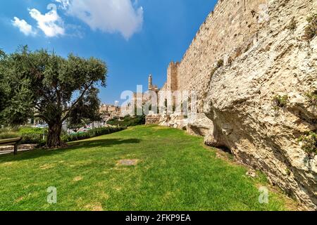 Grünes Gras, umgebende Mauer und Turm von David unter blauem Himmel auf dem Hintergrund in der Altstadt von Jerusalem, Israel. Stockfoto