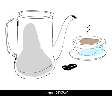 Lineare Zeichnung, Kaffeebecher mit einer Tasse Kaffee. Heißer Kaffee. Morgenzauber. Kaffeebohne. Vektor Stock Vektor