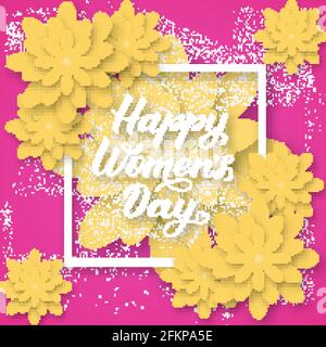 Happy Women s Day Kalligraphie Schriftzug mit Papier geschnitten Blumen. Vektor-Illustration im Origami-Stil. Internationale Blumenbanner für Frauen, Poster, par Stock Vektor