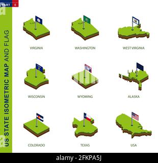 Set aus 9 isometrischen US-Zustandskarten und -Flaggen, 3D-Vektor-isometrische Form von Virginia, Washington, West Virginia, Wisconsin, Wyoming, Alaska, Colorado, Te Stock Vektor