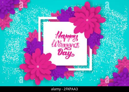 Happy Women s Day Kalligraphie Schriftzug mit Origami-Blumen. Vektordarstellung im Papierformat. Blumenmuster, internationales Frauentagsposter, Banner, par Stock Vektor