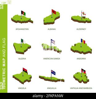 Set von 9 isometrischen Karten und Flaggen, 3D-Vektor isometrische Form von Afghanistan, Albanien, Alderney, Algerien, Amerikanisch-Samoa, Andorra, Angola, Anguilla, Anti Stock Vektor