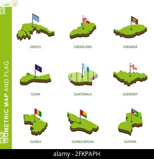 Set von 9 isometrischen Karten und Flaggen, 3D-Vektor isometrische Form von Griechenland, Grönland, Grenada, Guam, Guatemala, Guernsey, Guinea, Guinea-Bissau, Guyana Stock Vektor