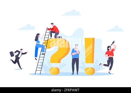 Q- und A- oder FAQ-Konzept mit winzigen Personen-Charakteren, großen Fragen und Ausrufezeichen. Stock Vektor