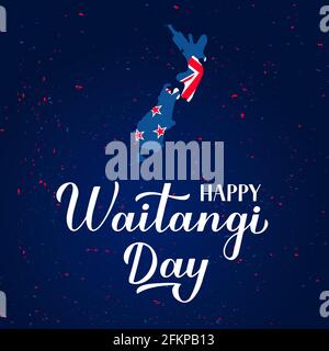 Happy Waitangi Day Banner mit moderner Kalligraphie-Handschrift, Karte und Flagge Neuseelands und Konfetti. Einfache Bearbeitung von Vektorvorlagen für Grußansagen Stock Vektor