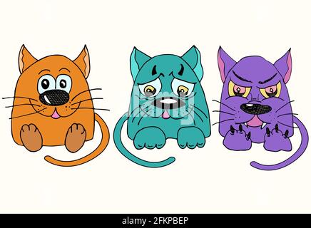 Drei lustige Katzen mit verschiedenen Emotionen. Cartoon und bunten Katzen Zeichen Stock Vektor