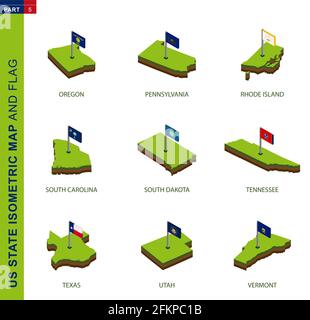 Set aus 9 isometrischen US-Staatskarten und -Flaggen, 3D-Vektor-isometrische Form von Oregon, Pennsylvania, Rhode Island, South Carolina, South Dakota, Tennessee, Stock Vektor