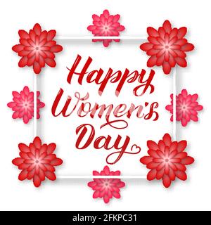 Happy Women s Day Kalligraphie-Schriftzug mit roten und rosa Papier geschnitten Herzen isoliert auf weiß. Internationale Grußkarte für Frauen. Vektorgrafik Stock Vektor