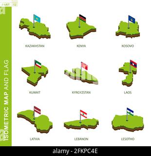 Set von 9 isometrischen Karten und Flaggen, 3D-Vektor isometrische Form von Kasachstan, Kenia, Kosovo, Kuwait, Kirgisistan, Laos, Lettland, Libanon, Lesotho Stock Vektor