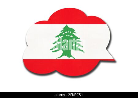 3d-Sprechblase mit libanesischer Nationalflagge auf weißem Hintergrund isoliert. Sprechen und lernen Sie Arabisch. Symbol des Libanon-Landes. Weltkommunica Stockfoto