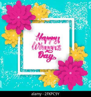 Happy Women s Day Kalligraphie Schriftzug mit Papier geschnitten Blumen. Vektor-Illustration im Origami-Stil. Internationale Blumenbanner für Frauen, Poster, par Stock Vektor